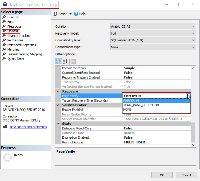 SQL database page verify