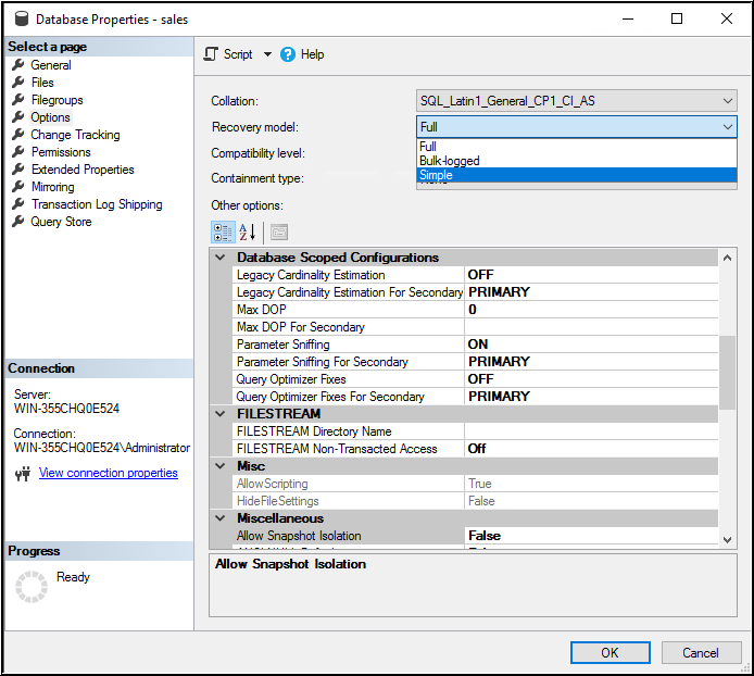 Change SQL Server Recovery Model