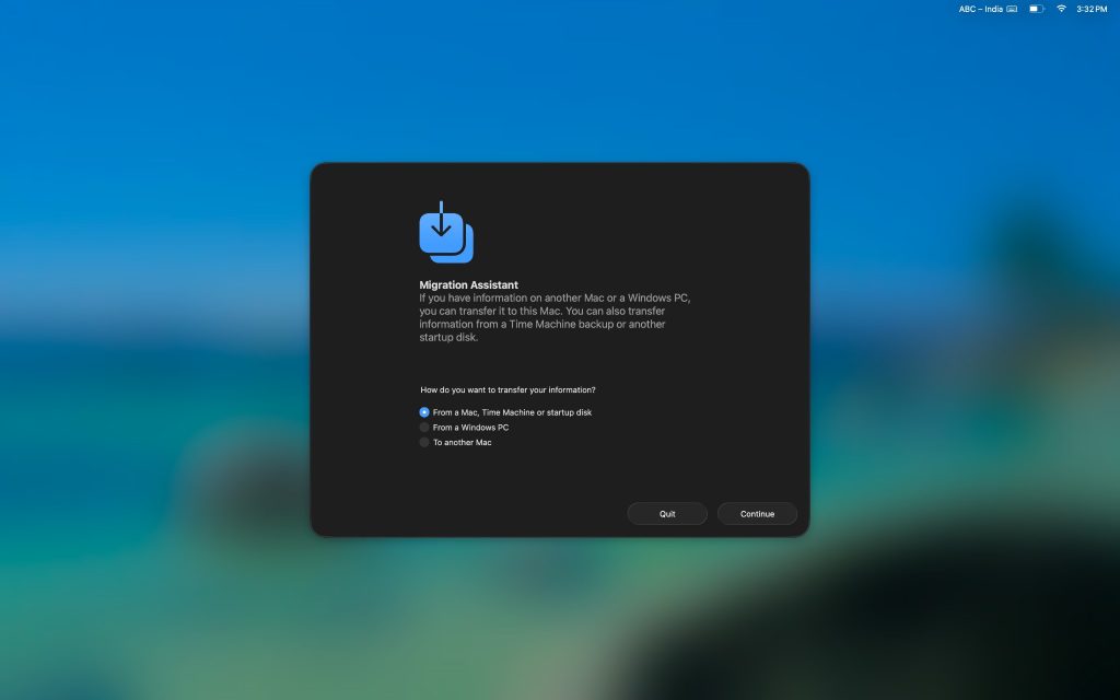 choose the option to transfer From a Mac, Time Machine backup, or startup disk