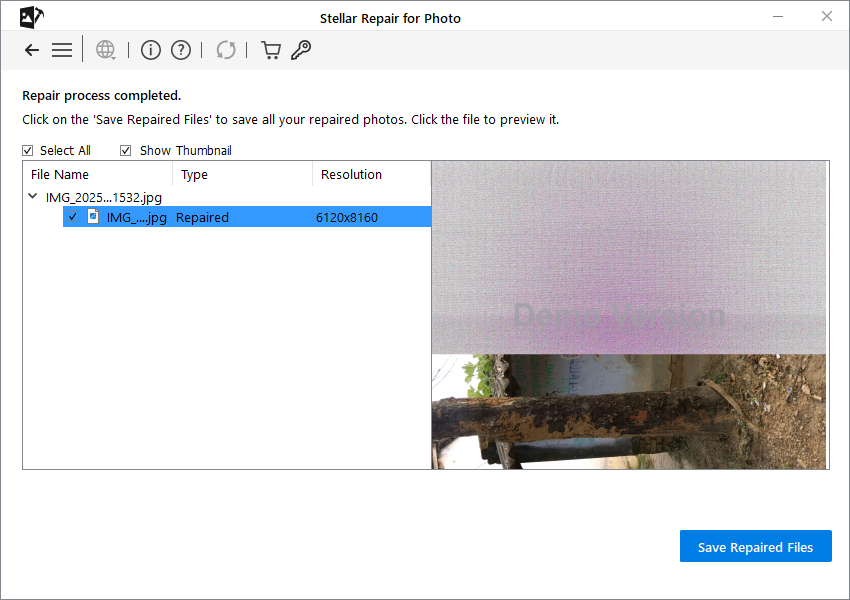 Preview the repaired JPEG photo file