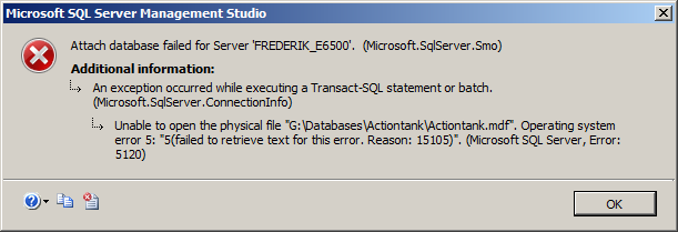 SQL database error 15105