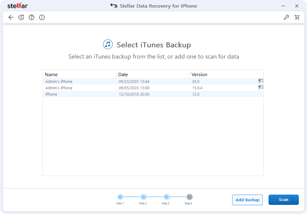 Stellar Data Recovery for iPhone - Select iTunes backup