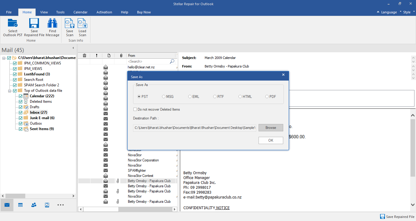 selecting file format for recovered PST file