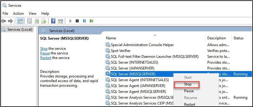 stopping the SQL Server service and copies the database to a different location