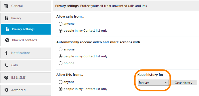 stop saving conversation history from skype for business mac