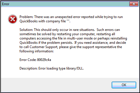 QuickBooks error 80029c4a displayed during application launch.