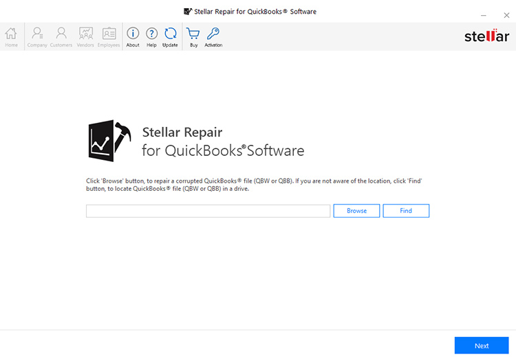 Stellar Repair for QuickBooks dashboard