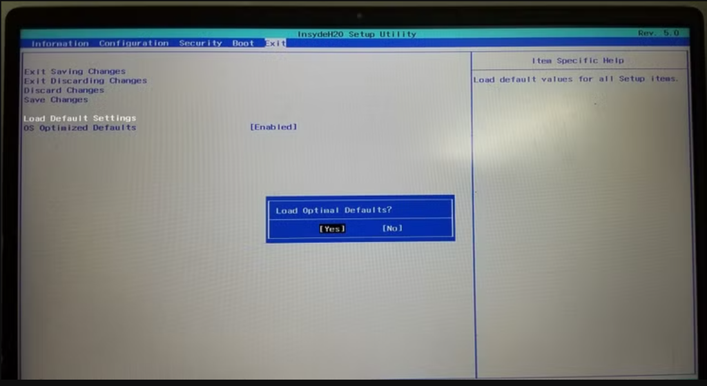 Load default BIOS settings