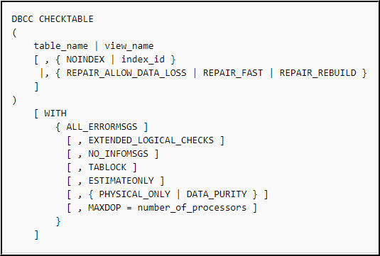 The syntax of DBCC CHECKTABLE