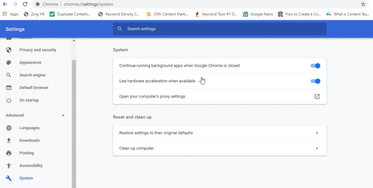 Chrome Einstellungen> Systemfenster