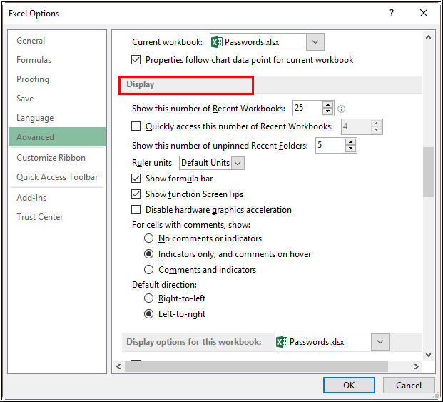 Locate Display Section from Excel Advanced Settings