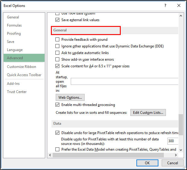 Locate General Section from Excel Advanced Settings