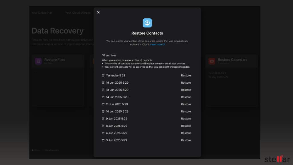 click the Restore button that appears against the name of the desired backup file