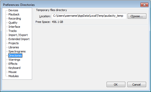 View the location of temp files under Directories Preferences