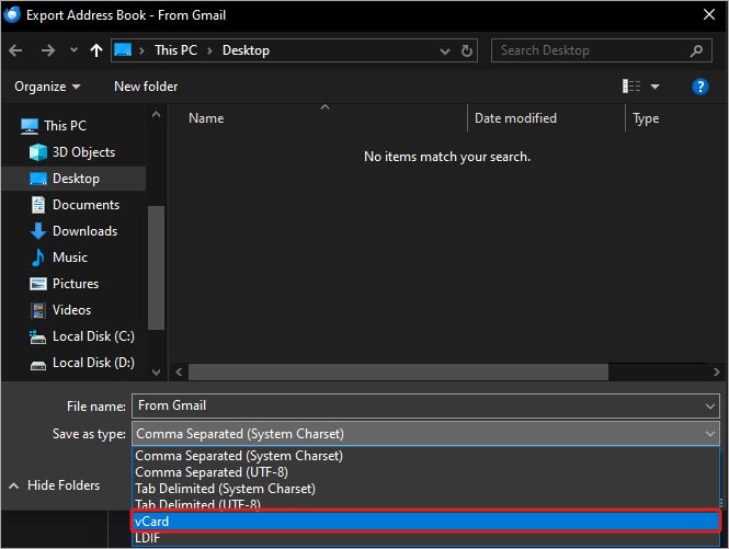 Select vCard from the Save as type dropdown menu
