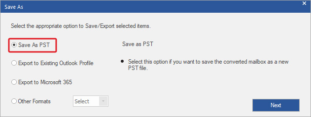Select the Save as PST option