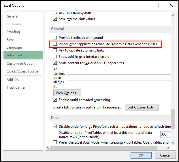 uncheck DDE option in Excel