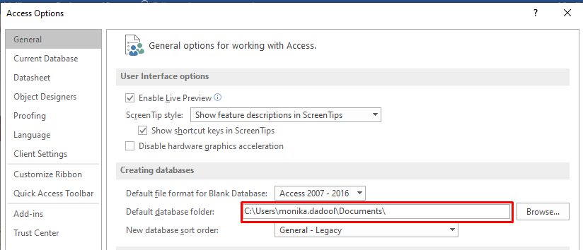 Access Options window
