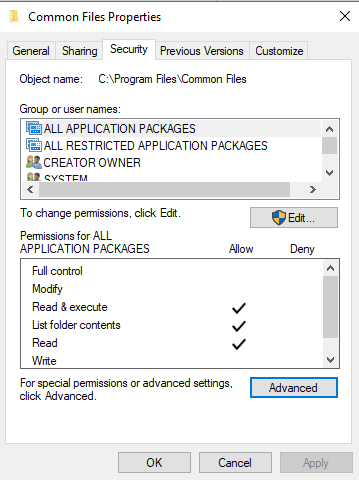 Click Security Tab > Advanced