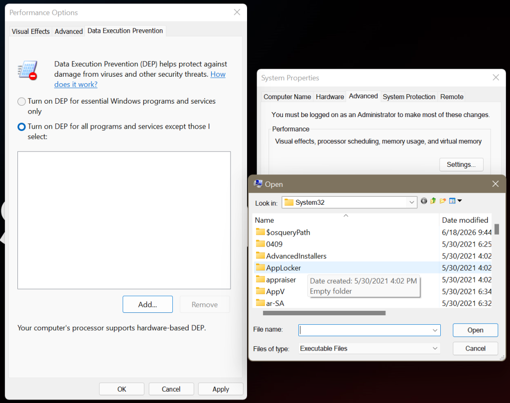 Select turn on DEP for all programs