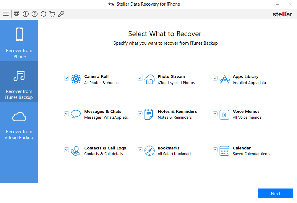 Select the types of data to recover