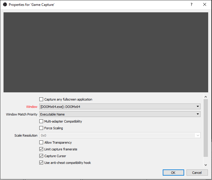 Properties for Game Capture Window