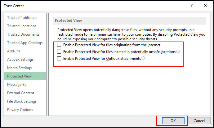 Uncheck protected View opations