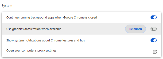 Toggle off graphics acceleration