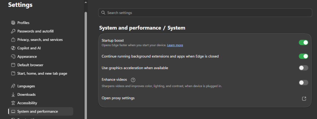 Turn off graphics acceleration in Ms Edge 