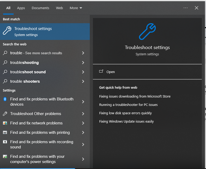 troubleshoot settings in windows