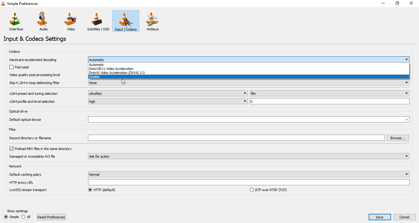 Steps to disable hardware-accelerated decoding