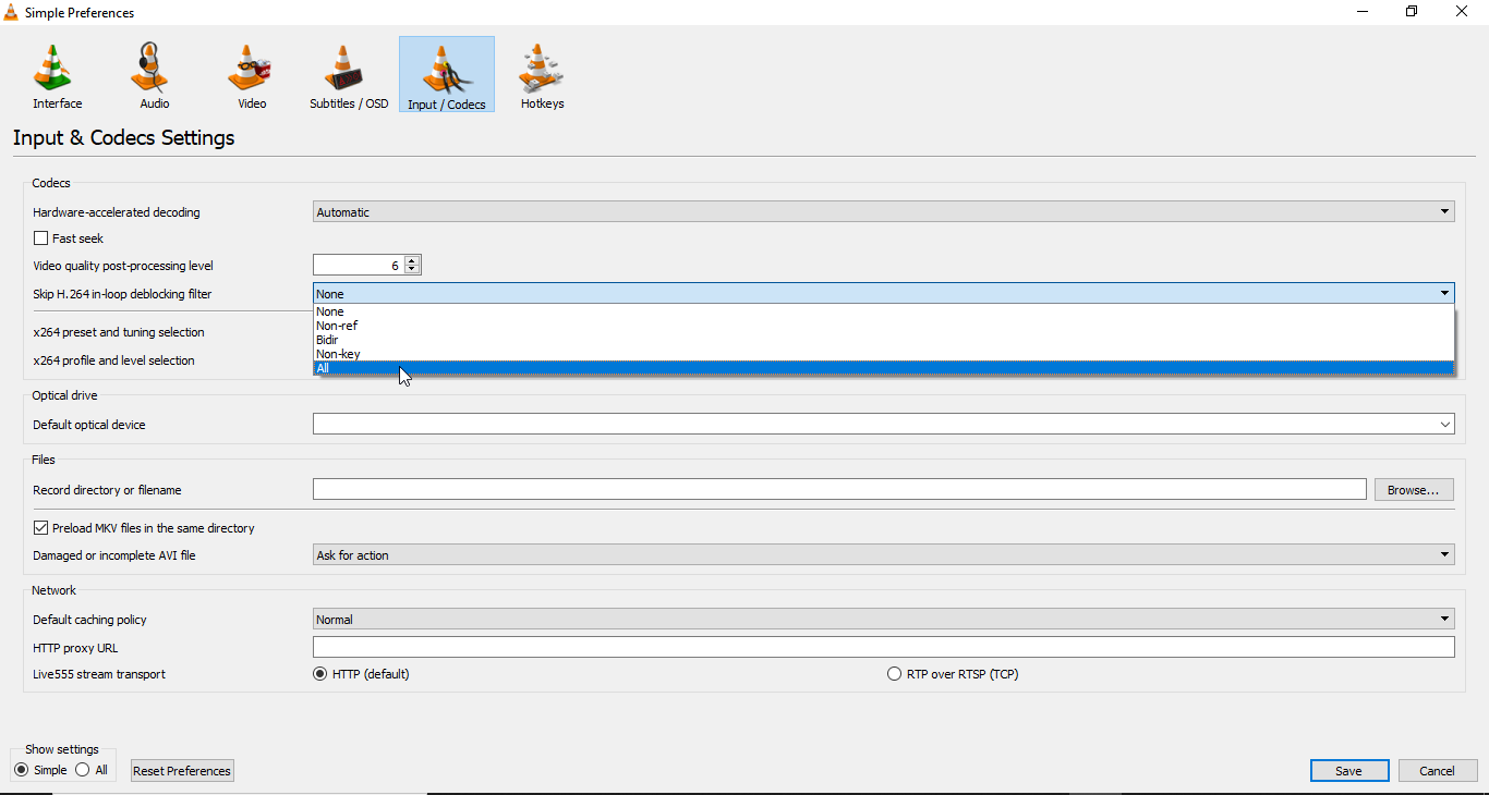 Steps to change ‘skip h.264 in-loop deblocking filter’