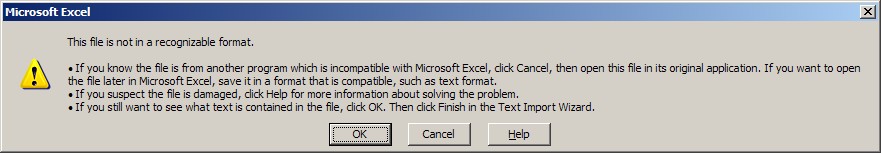 Excel file is not in a recognizable format