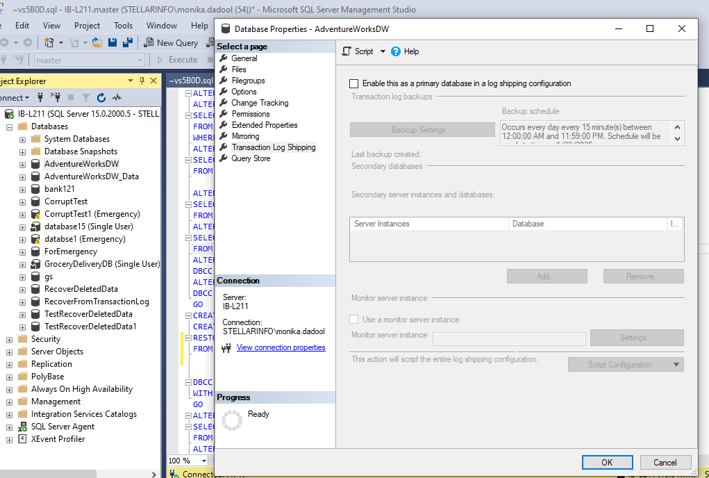database Properties window