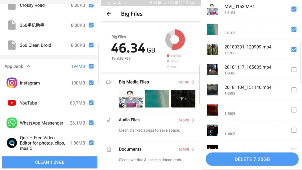 Android System cleaner app displaying videos as Big Files