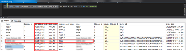 SQL Query: select name, database_id, user_access_desc, state_desc, recovery_model_desc, * from sys.databases