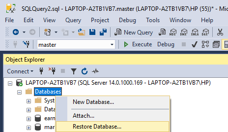 Restore Database Option in SSMS