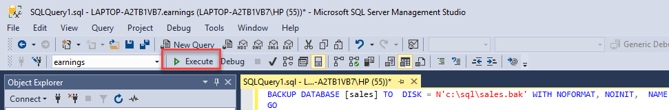 Execute Query to Backup Database to Disk