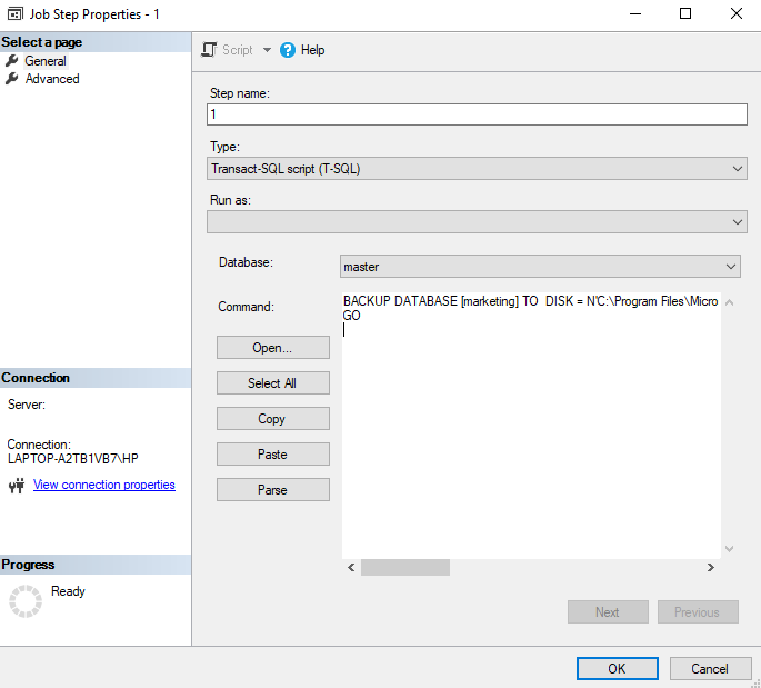 Execute Command to Back up Master Datavase