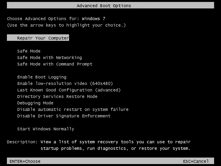 Windows 7 Advance Boot Options screen