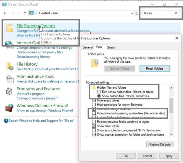 Enable hidden file view from the Control Panel