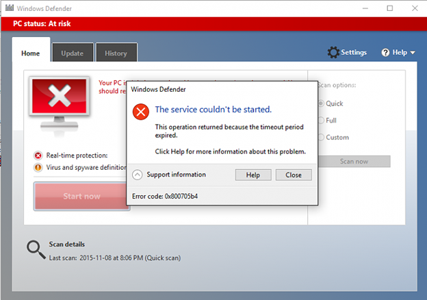 Error 0x800705b4 may appear due to problems with Windows Defender