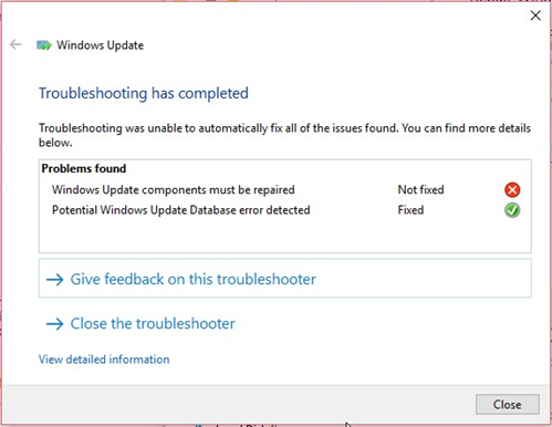 Windows Update troubleshoot repair results 