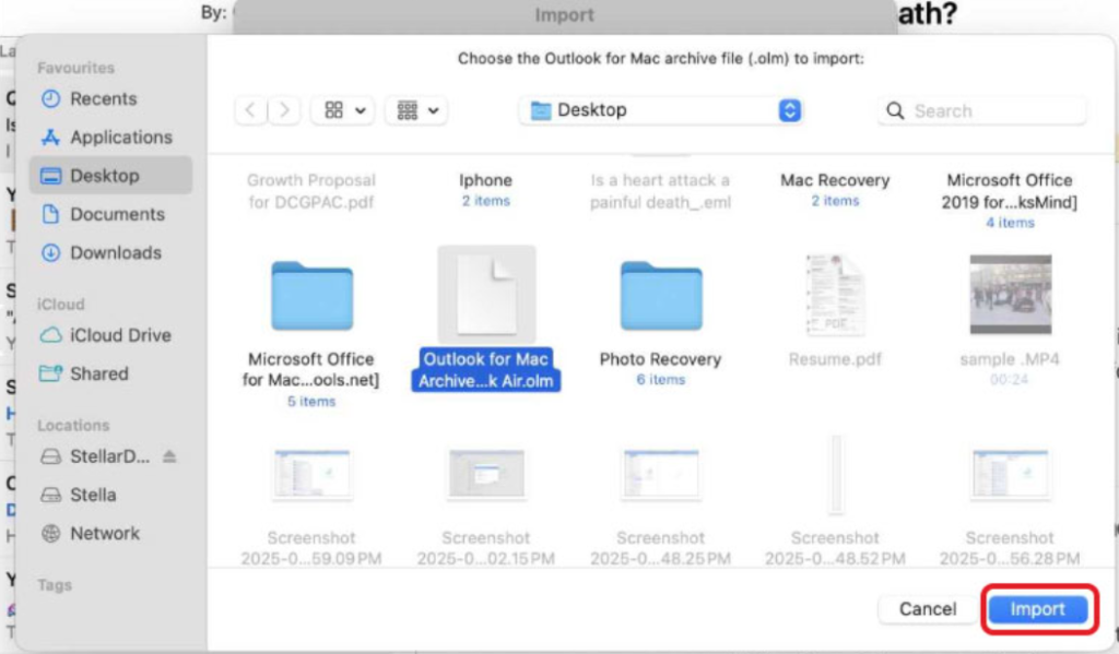 Navigate to the OLM file location and select it