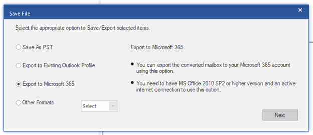 Select the Export to Microsoft 365 option