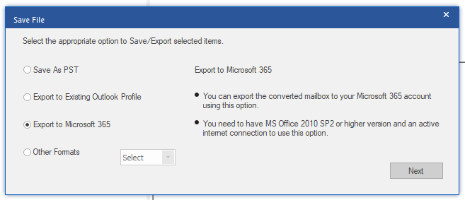 Select the Export to Microsoft 365 option
