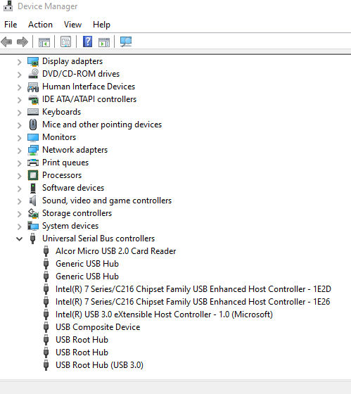 Universal Serial Bus controllers option in Device Manager