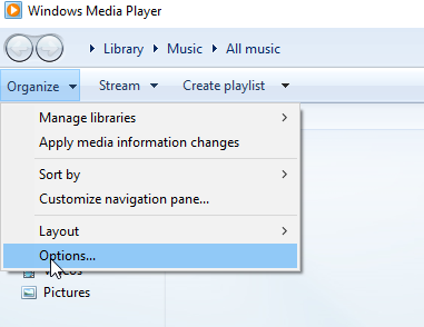 Windows Media Player Organize tab