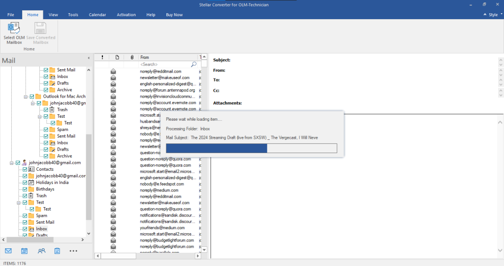 selected OLM file and display the progress of conversion process