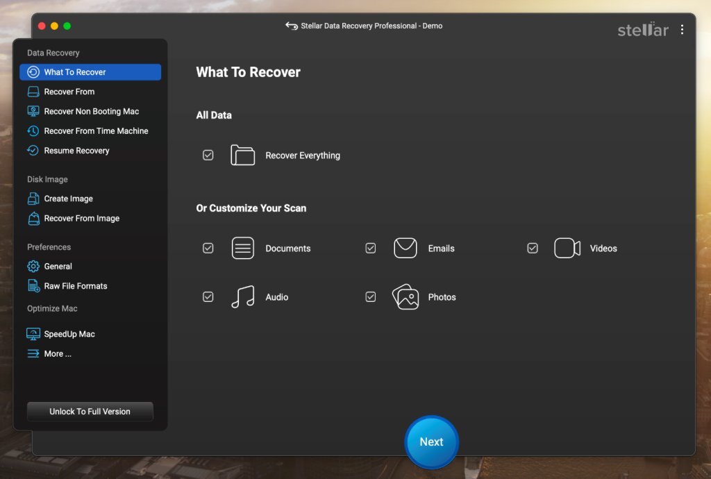 choose the file type you wish to recover